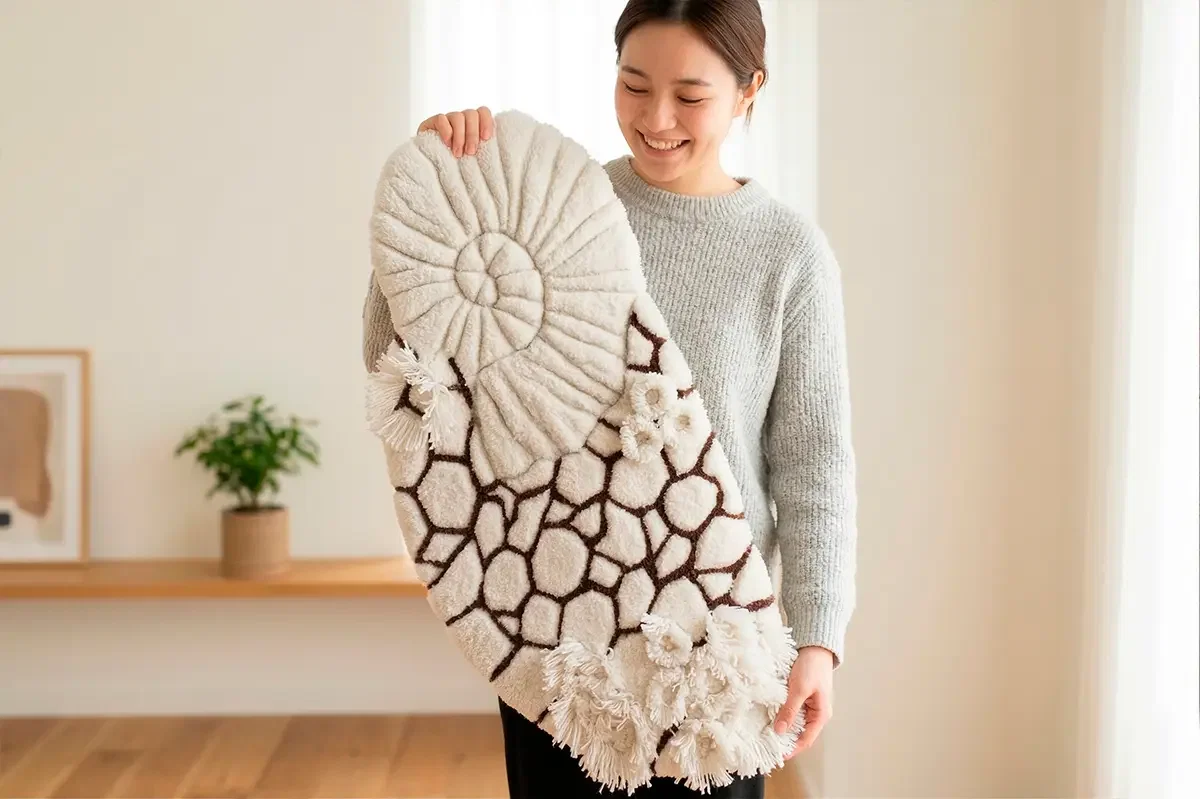 Фото этапа "Результат работы" для ковра: Тафтинг ковёр для ванной с 3D рельефом камней и раковины — изготовление ковров на заказ